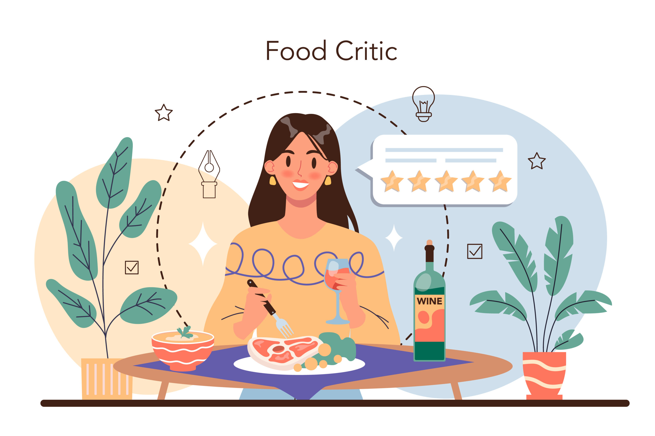 Professional critic concept. Journalist making review and ranking food. Specialist making an opinion of creative works. Flat vector illustration
